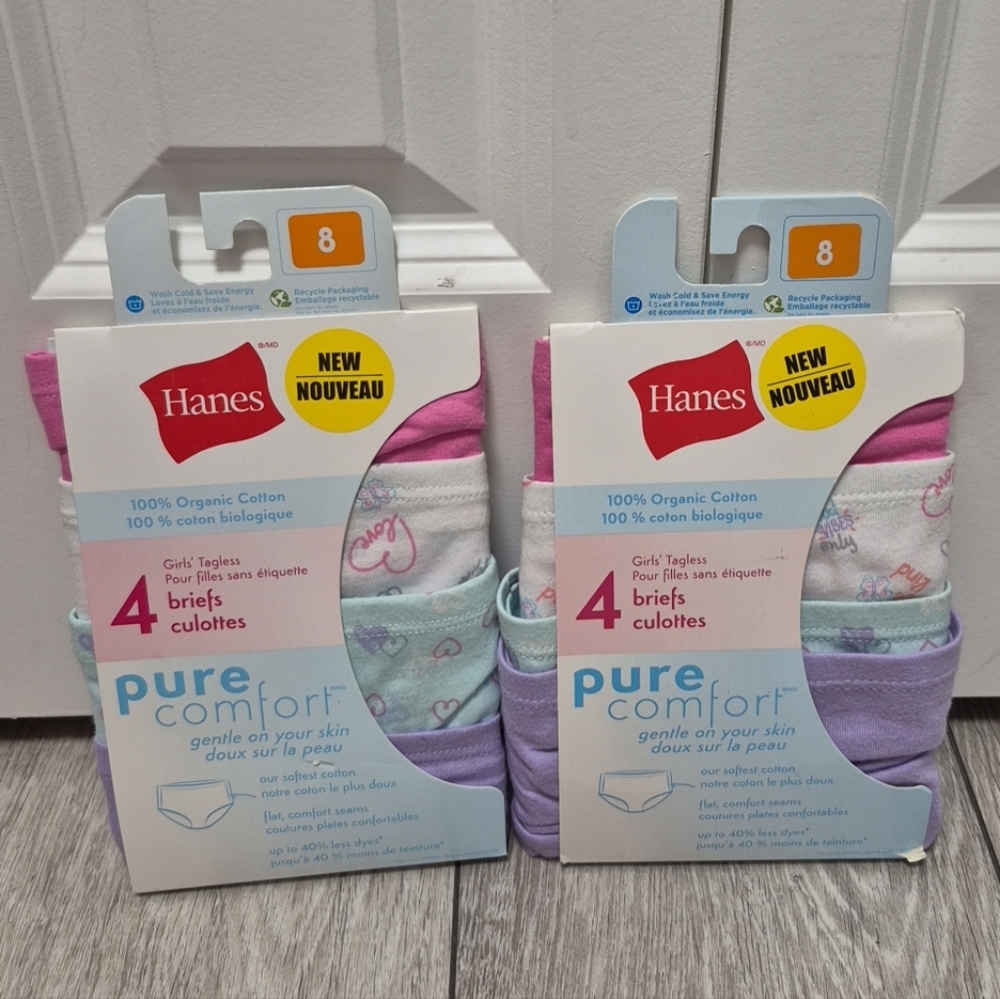 2 Packs of Hanes Girls' 4pair Pure Comfort Briefs. 100% Organic Cotton- size 8